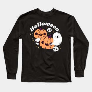 Happy cute pumpkin heads with a skull and adorable ghost friends Long Sleeve T-Shirt